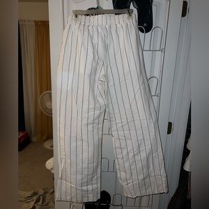 White and gray striped wide leg linen pants
